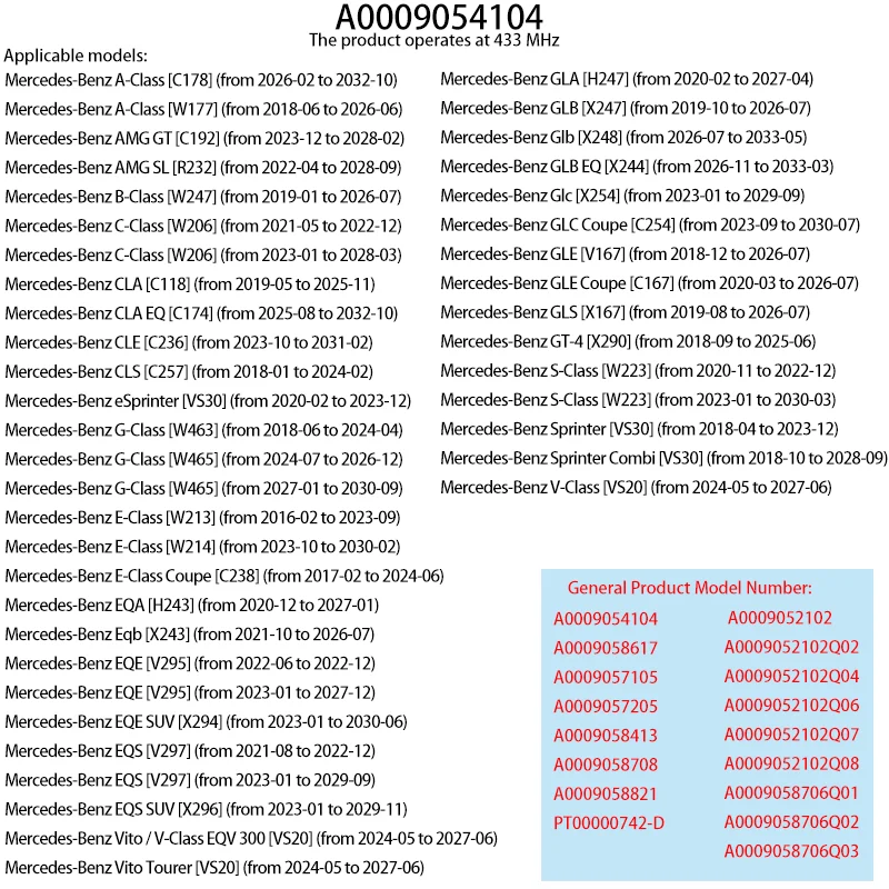 433MHz Reifendrucksensor für Mercedes-Benz C-Klasse[W206] E-Klasse[W213] GLC[X254] GLE[V167] GLB[X247] Auto-TPMS A0009054104 – Detail 2