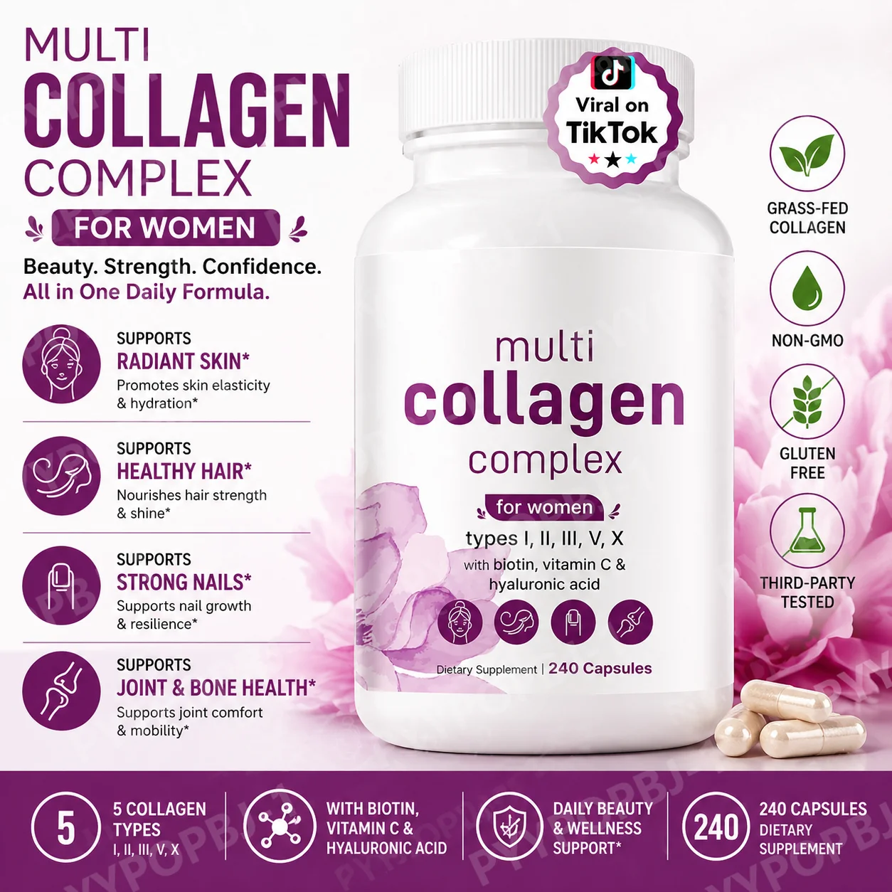 Multi Collagen Capsules with Biotin Vitamin C Hyaluronic Acid Hydrolyzed Collagen Peptides Beauty Nutrition Supplement for Women