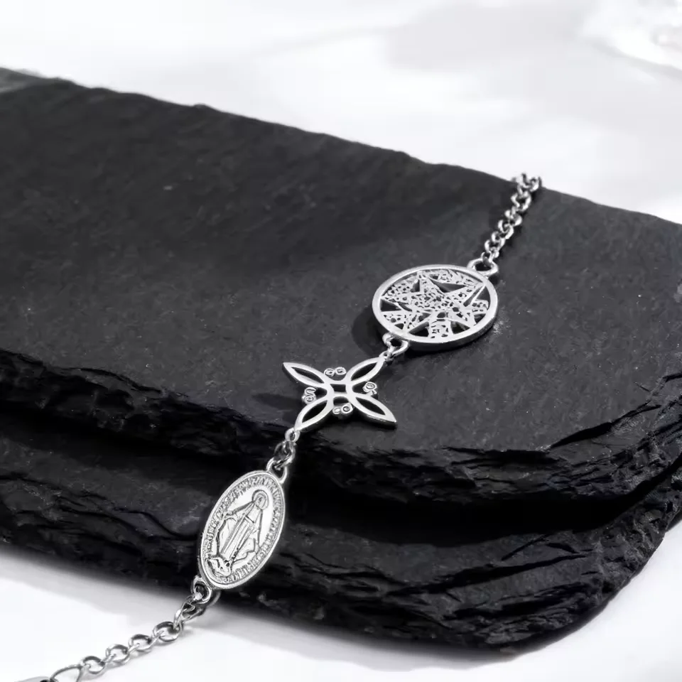 Edelstahl-Armband mit dreifacher Schutzfunktion, silberfarben, Jungfrau Maria, Hexenknoten, Pentagramm, Tetragrammaton, Handgelenkschmuck – Detail 6