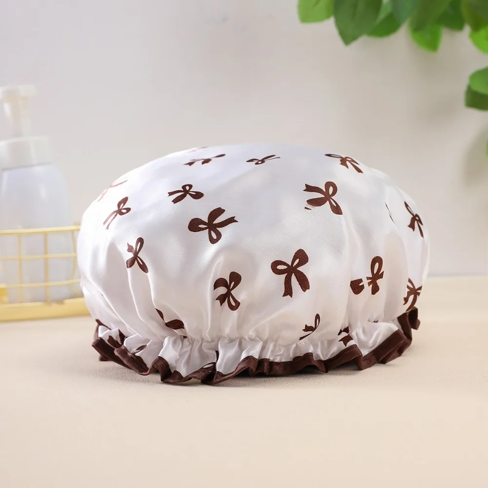 Cute Waterproof Double Layer Shower Caps Anti-Fouling Reusable Hair Hat Elegant Bow Pattern Design Thickened Bath Caps Women