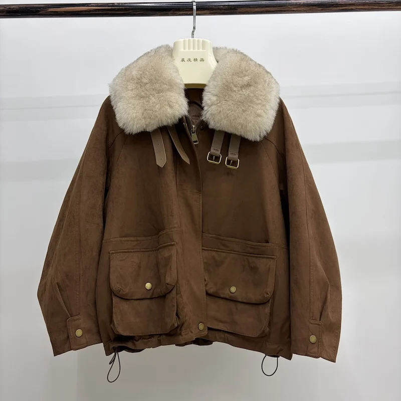 Women Oversized Loose Parka Real Shearling Fur Collar Goose Down Liner Winter Coat Big Pockets Drawstring Hem Warm Outerwear