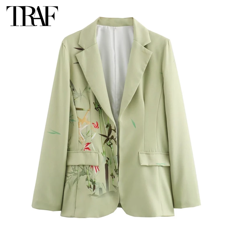 

TRAF Print Open Women's Blazers Straight Long Blazer Woman Long Sleeve Casual Blazer Women Streetwear Outerwear Blazer for Women