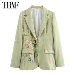 TRAF Print Open Women's Blazers Straight Long Blazer Woman Long Sleeve Casual Blazer Women Streetwear Outerwear Blazer for Women