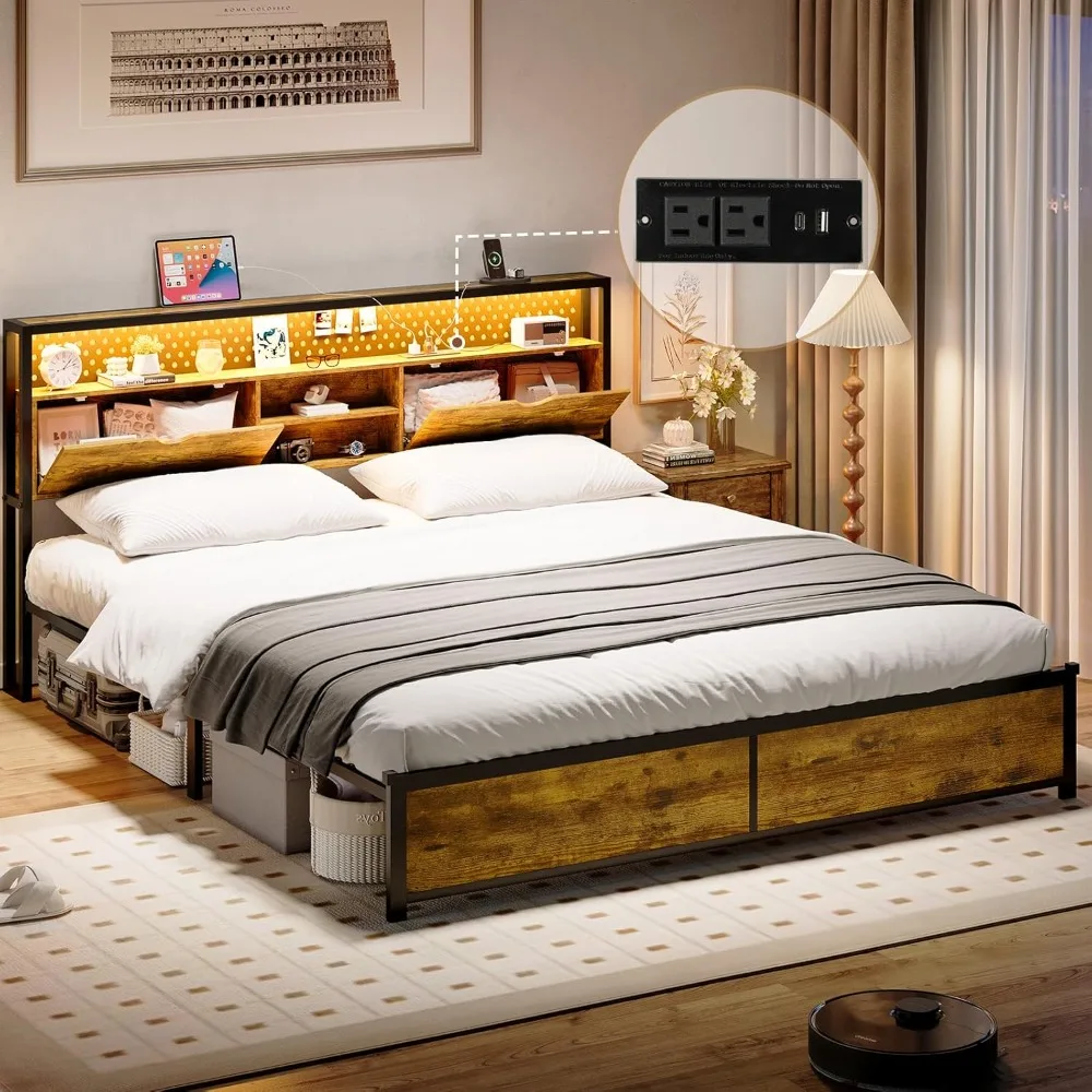 LED Bed Frame Full Size with Storage Headboard, Metal Platform Bed with Charging Station, Heavy Duty Steel Slats Support, Noise