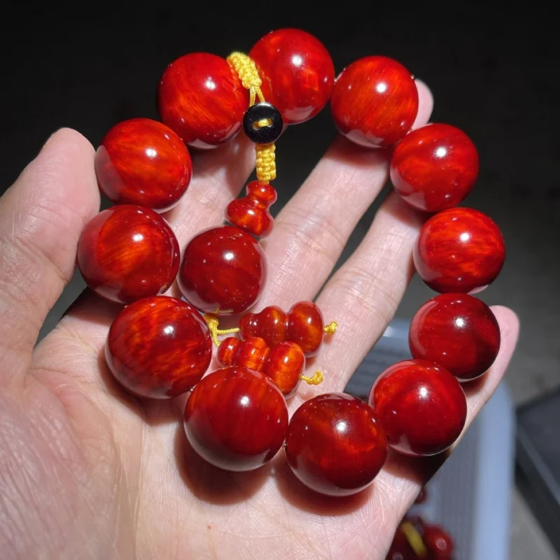 -end Imperial Blood Dragon Pine Bead Bracelet for Men and Women, Wooden Buddhist Beads, Amber Wood, High Oil Content, S