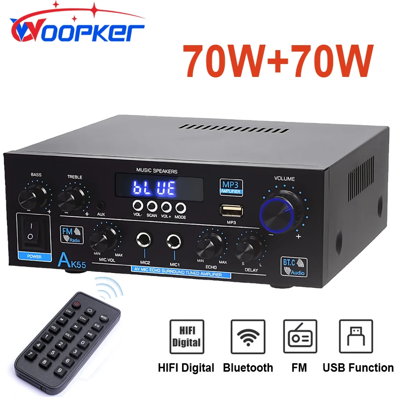 

Woopker Sound Amplifier AK55 HiFi Stereo Bluetooth Sound Power Amp Audio 70W x2 Channel 2.0 Microphone Jack For Home Karaoke