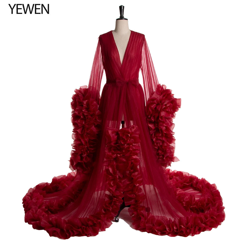 Striking Red V Neck Ruched Organza Long Sleeves Custom Color Maternity Gowns for Photo Shoot Pregnancy Shooting Dress YEWEN