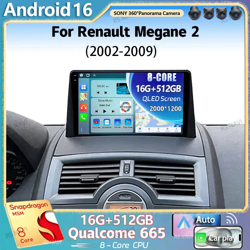 Android 16 para Renault Megane 2 2002 - 2009 2K QLED Rádio Automotivo Android Multimídia Reprodutor de Vídeo GPS Estéreo CarPlay 4G Central Multimídia