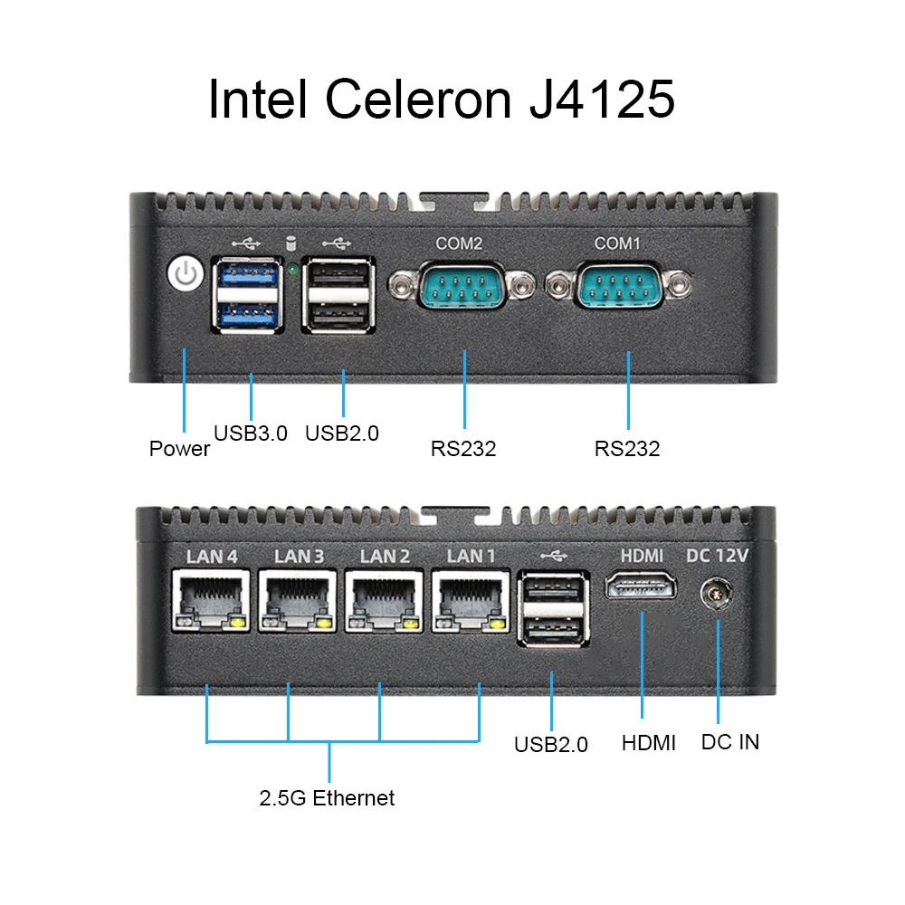Intel Celeron J4125 J6412 Fanless Industrial Mini PC 2x COM 4x 2.5G Ethernet Win10 Linux Pfsense WiFi 4G LTE SIM Slot 6x USB