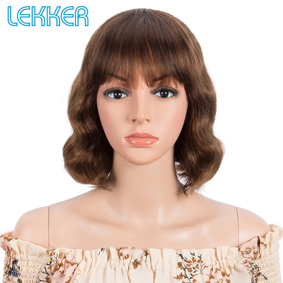 Lekker Short Pixie Deep Wavy Bob 100% Human Hair Wigs With Bangs For Women Brazilian Remy Hair Full Machine Made Colored Wigs