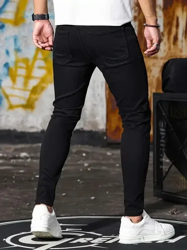 Imagen 2 del producto Pantalones vaqueros ajustados elásticos para hombre, Color sólido, negro, azul, primavera, calle de lujo, estilo Harajuku Hip-Hop, pantalones ajustados de marca