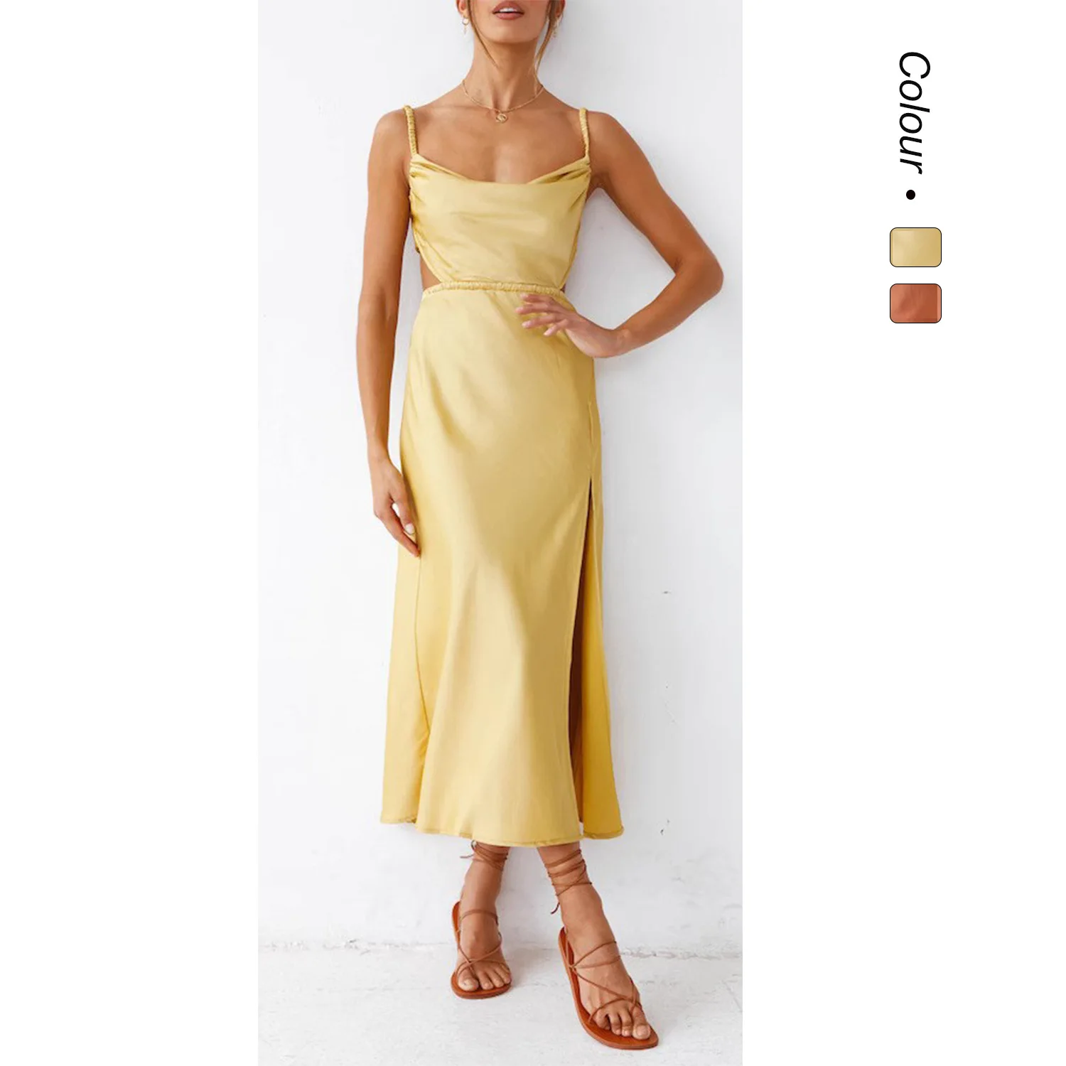 Europäischen Amerikanischen Frühling Sommer Neue Backless Elegante Büro Split Saum Doppel Schicht Leibchen Kleid