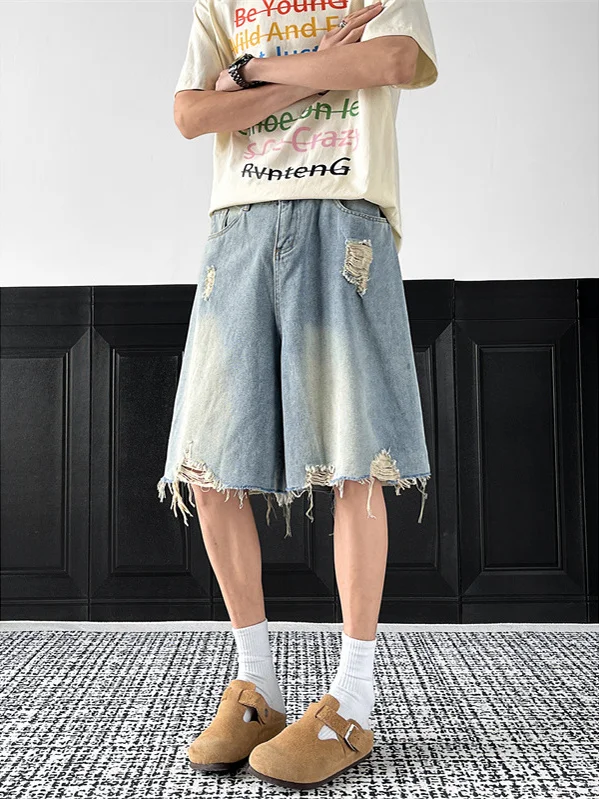 

Мужские летние джинсы с рваным краем, свободные, широкие, укороченные, в американском стиле, винтажные, модные, прямые брюки-трубы