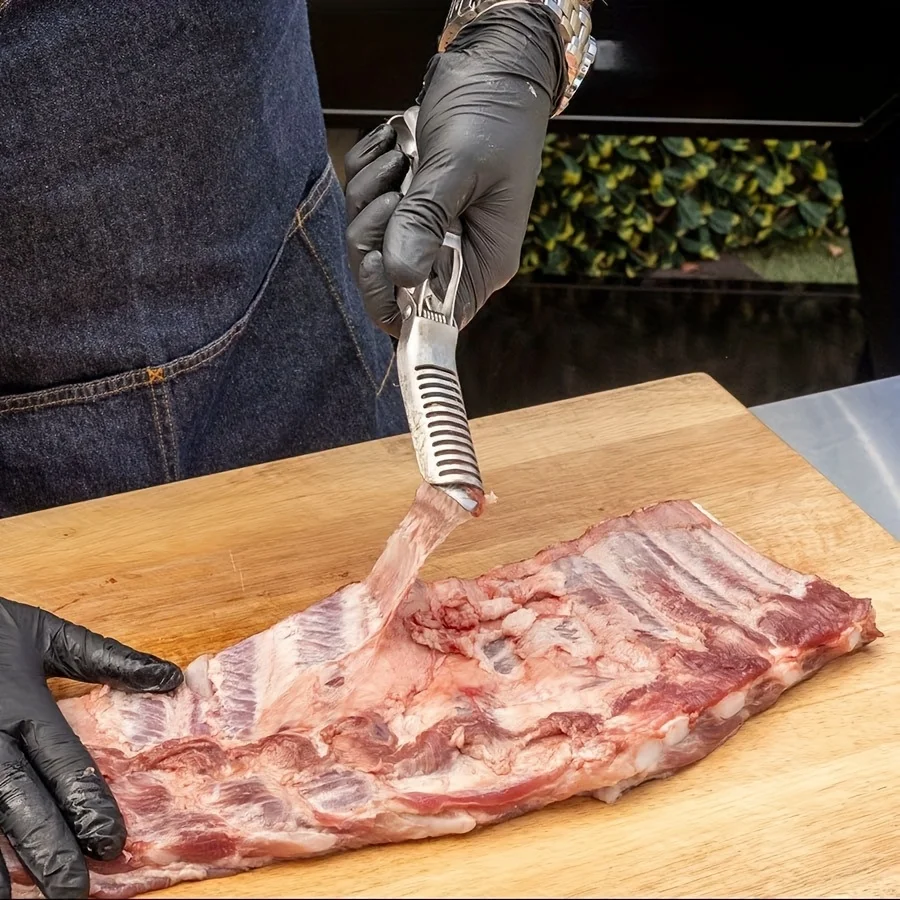 1pc Rib Membrane Removal Tool - Stainless Steel BBQ Rib Skinner with Ergonomic Handle, Meat Preparation, Modern Kitchenware
