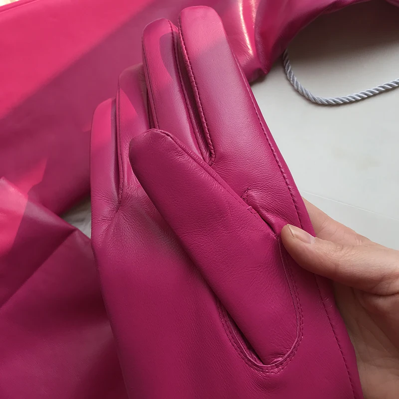 Gants longs en peau de mouton pour femmes, rose, rouge, opéra, mode