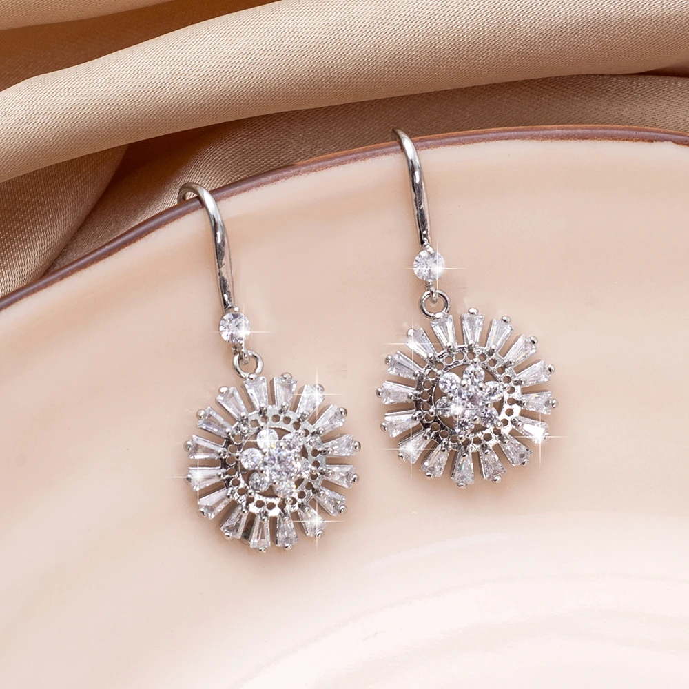 New Fashion Round Flower Zircon Earrings For Women Luxury Crystal Trend 2024 Wedding Party Accessories Girls Dangle Drop Jewelry