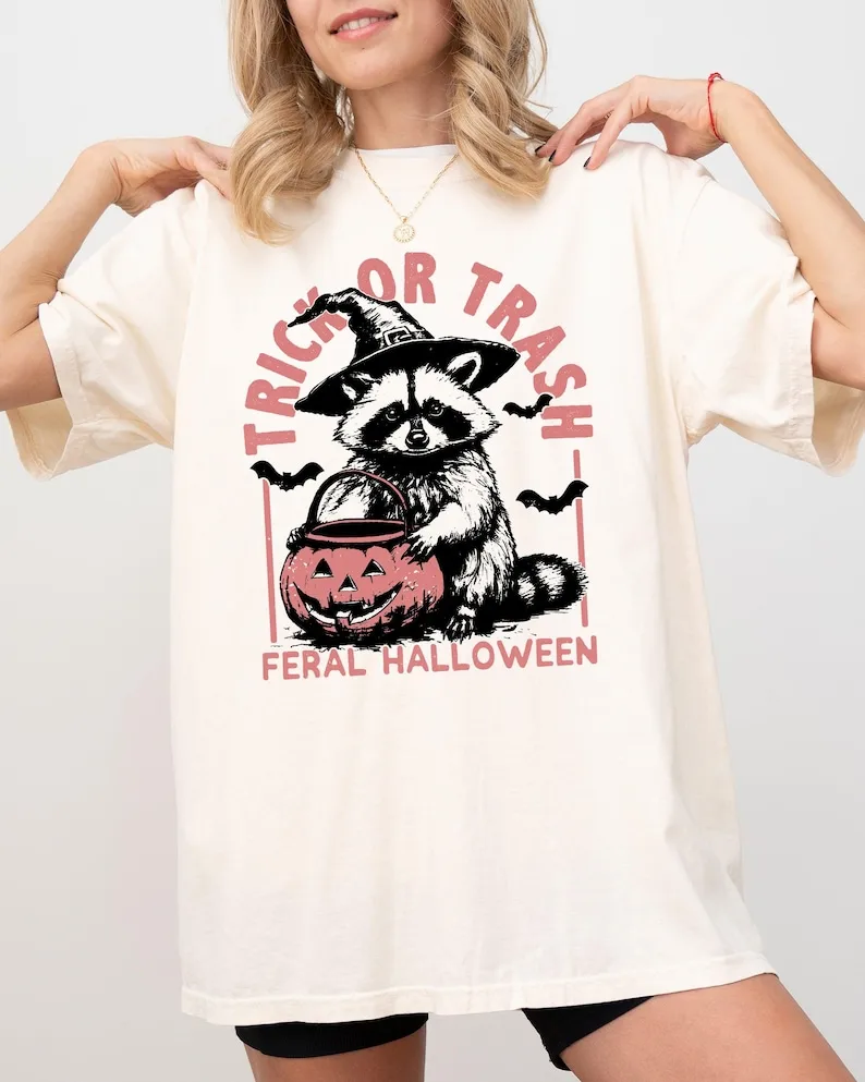 

Trick or Trash, Feral Halloween, Raccoon, Trick Or Treat, Funny, Meme, Witch, Costume Shirt, Comfort Colors Tee