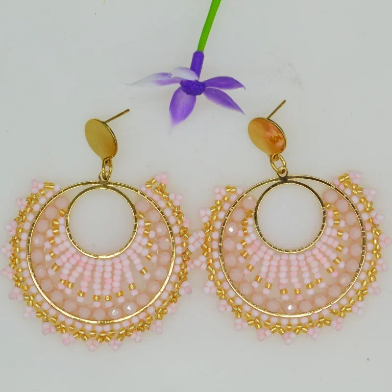 Bohemia Rice bead earrings Water drop Circle Off-white Crystal  Alloy Simple Trend Creativity Beaded earrings Hand-woven
