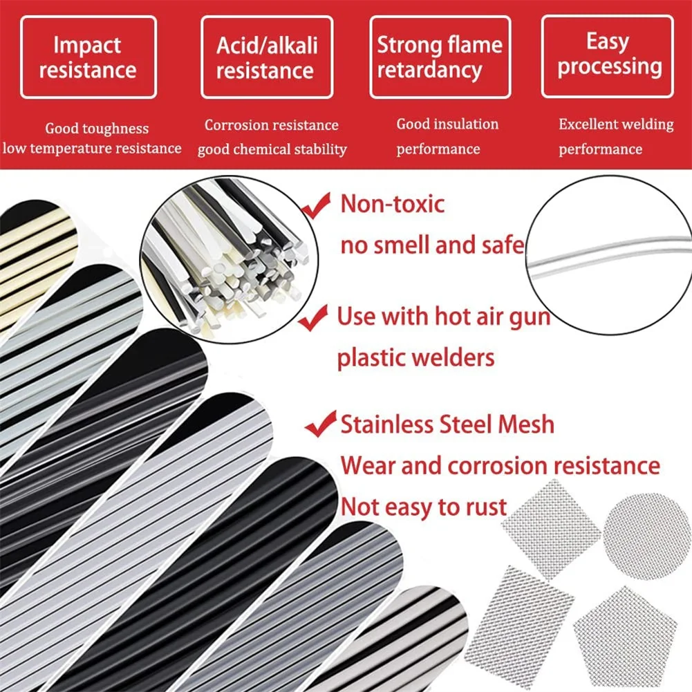 60pcs 13in 7Types Plastic Welding Rods Set With Stainless Steel Mesh And Sandpaper Plastic Welder Gun Bumper Repair Welding Tool