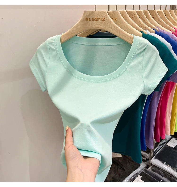 2026 Sexy Quadratischer Ausschnitt Slim T-Shirt Damen Baumwolle Elastisch Basic Einfarbig Lässige Oberteile Kurzarm Dünne T-Shirts Transparent – Detail 28