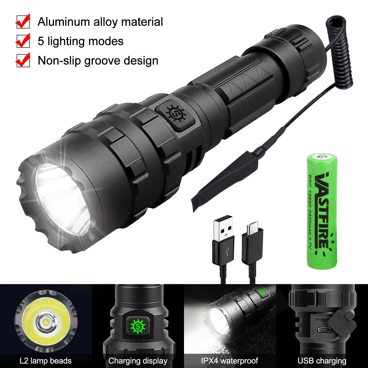 Professional 10W L2 LED Hunting Flashlight USB Rechargeable Tactical Torch 5 Mode Lantern+Rifle Scope Mount+Switch+18650+Charger