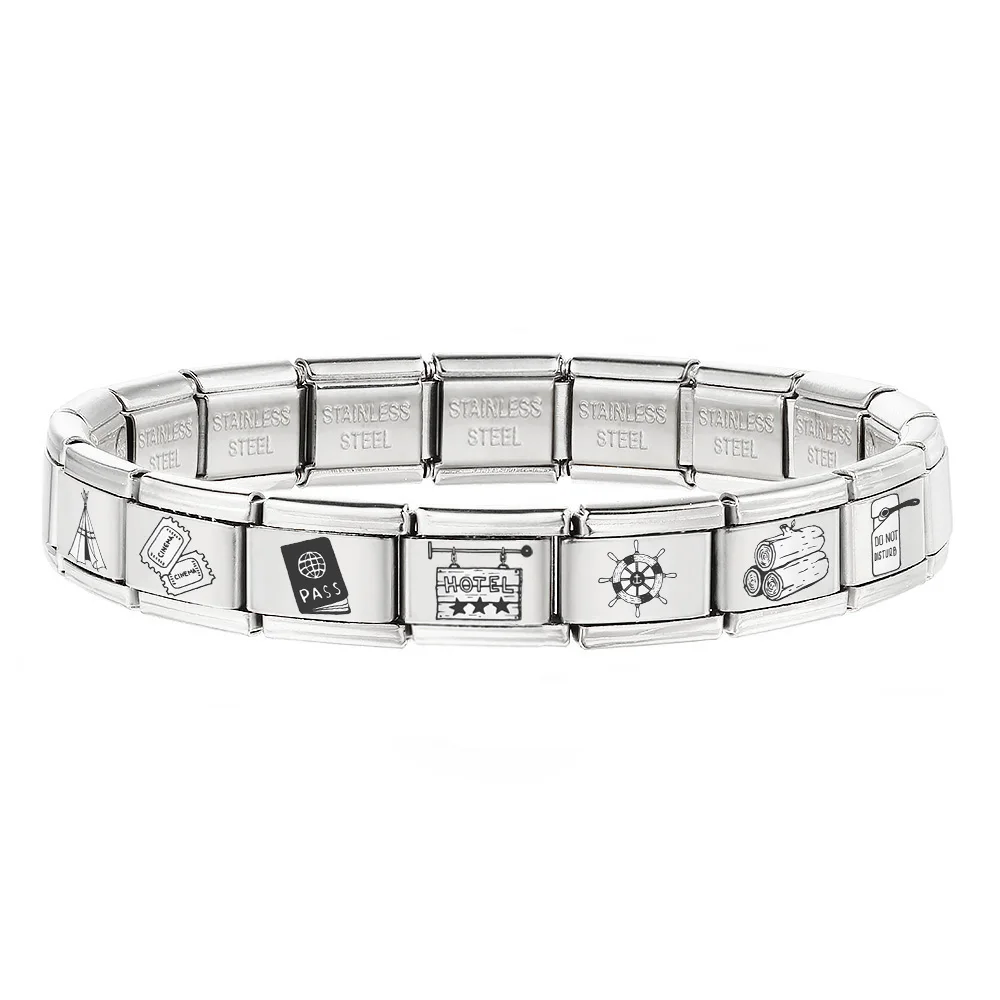 Modischer Charme-Kartenanhänger, Hotel-Pass, Kino, Ruder, Edelstahl-Laserschmuck, italienisches 9mm-Gliederarmband für Damen und Herren, DIY-Armbandherstellung – Detail 2