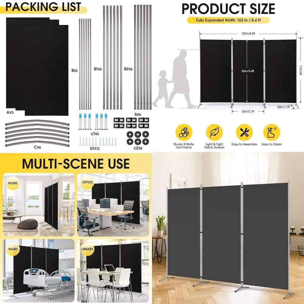 

6ft Tall 3-Panel Folding Privacy Screen, Room Divider, 102 Wide x 20 Deep x 71 High, Black
