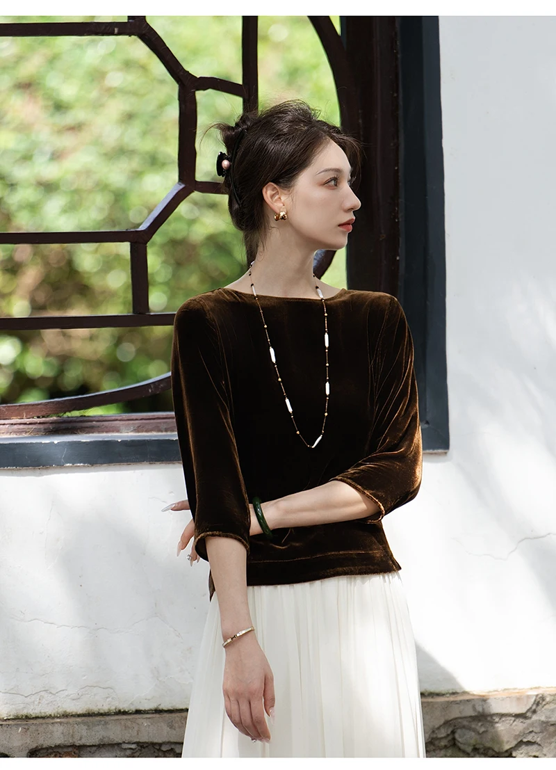 Fengbaoyu Natural Silk Velvet Women's T-shirt Simple Elegant Short-Sleeved Round-Neck Hooded Top  Casual Comfortable Cool Shirt