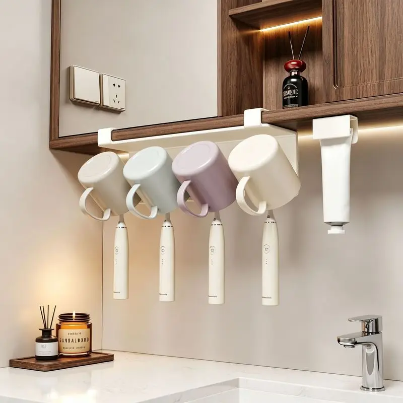 No Drill Toothbrush Sanitizer Holder, Under Mirror Cabinet, Toothpaste Dispenser & Inverted Cup Storage Rack