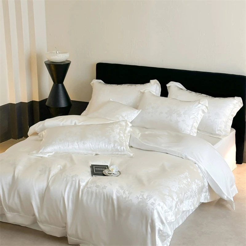 1000TC Egyptian Cotton Satin Jacquard Silky Luxury Queen King Size Bedding Set Duvet Cover Flat/Fitted Bed Sheet Pillowcase 4Pcs