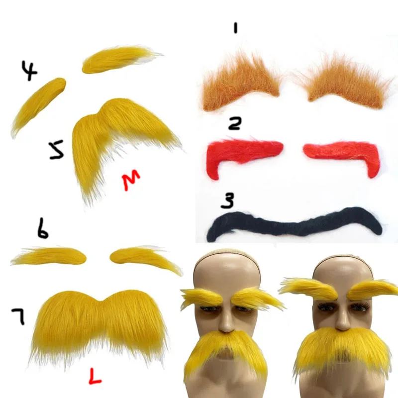 

7Pcs Reusable Self Adhesive Yellow Fake Beard Mustaches and Eyebrow Set Festival Party Cosplay Outfit Accessories For Men Women