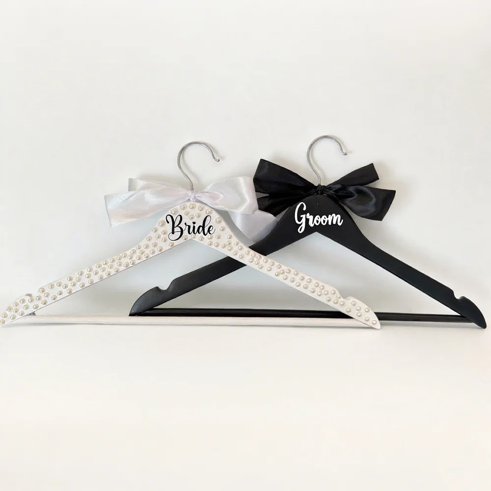 

2 Pcs Bride Hanger Bride and Groom Wooden Wedding Dress Hanger Set with Bow Tie for Tuxedo Suit Wedding Gift Bridal Party Shower