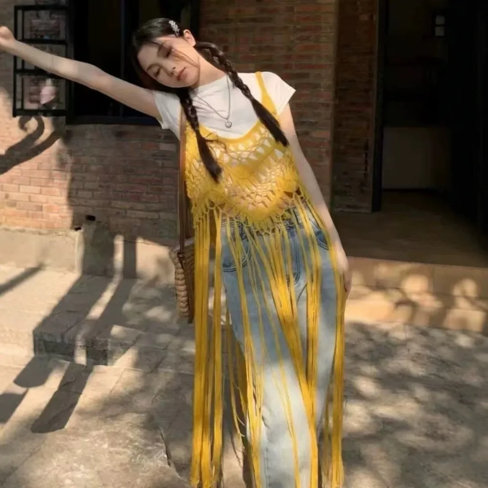 New Boho Beach Cover Ups Hand Hook Long Tassel Swimwear Cover Up Hollow Out Sunscreen Ladies Sleeveless Dress For Women