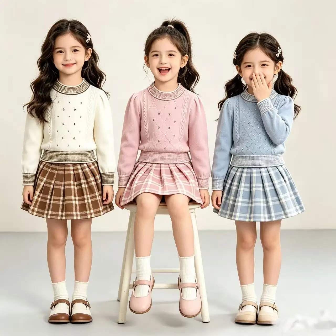 Sweater Girls' Clothes Autumn/Winter Color Blocked Printed Long Sleeved Top+Checkered Short Skirt Fashion Casual Children's Sets