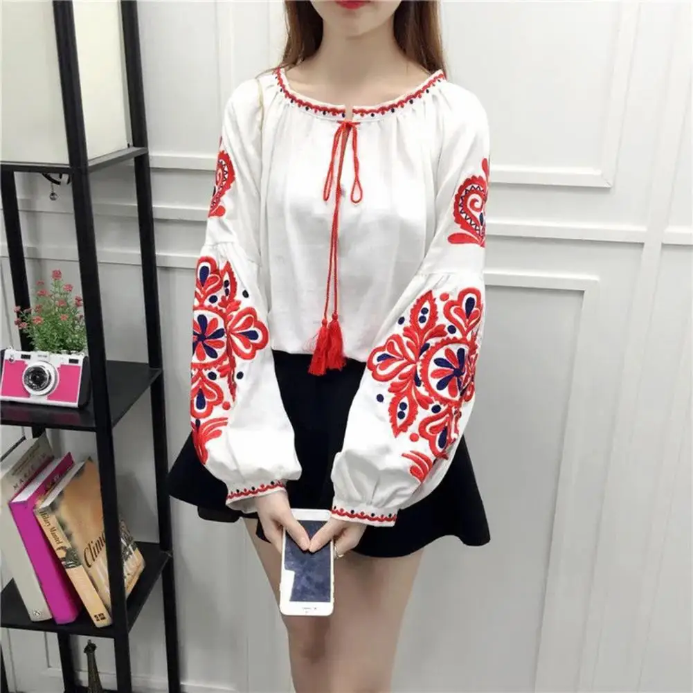 

Embroidered Lantern Sleeve Blouse Ethnic Style Embroidered Pattern Women's Summer Shirt Loose Fit Blouse with Lantern Sleeves