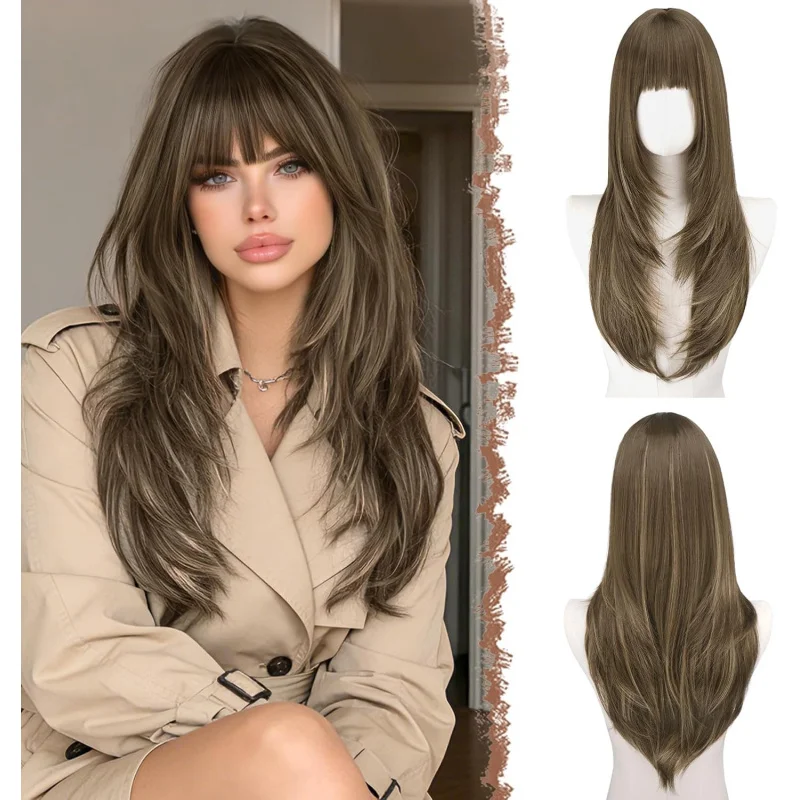 

Многослойный парик с челкой - прямые парики для женщин, блонд с коричневыми оттенками, натуральные волосы, синтетический парик для повседневной носки и вечеринок, 60 см