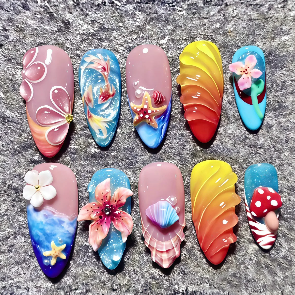 

24Pcs 3D Relief Cat Eye French Nails Set Press on Dopamine Island Design False Nails Full Cover Almond Reusable Fake Nails Tips