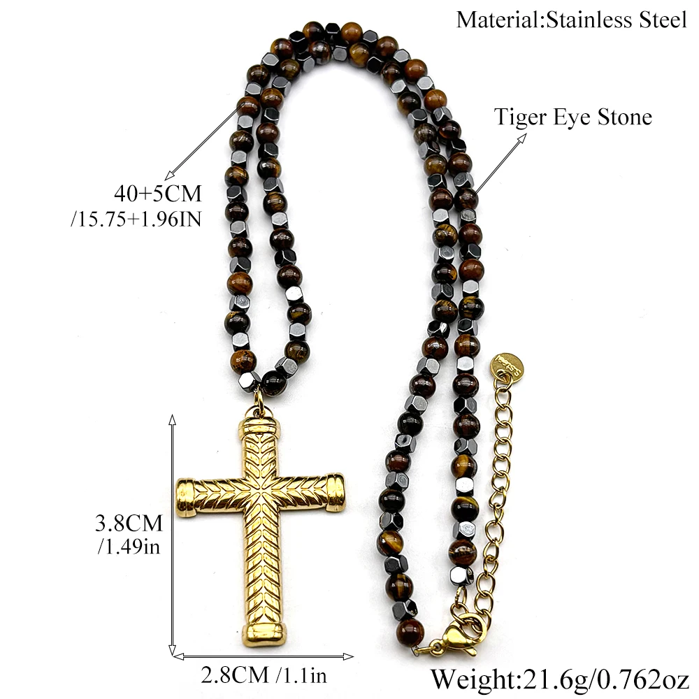 Jesus Cross Christian Necklace for Men Women Stainless Steel Gold Color Religion Tiger Eye Stone Beaded Chain Jewelry Gifts