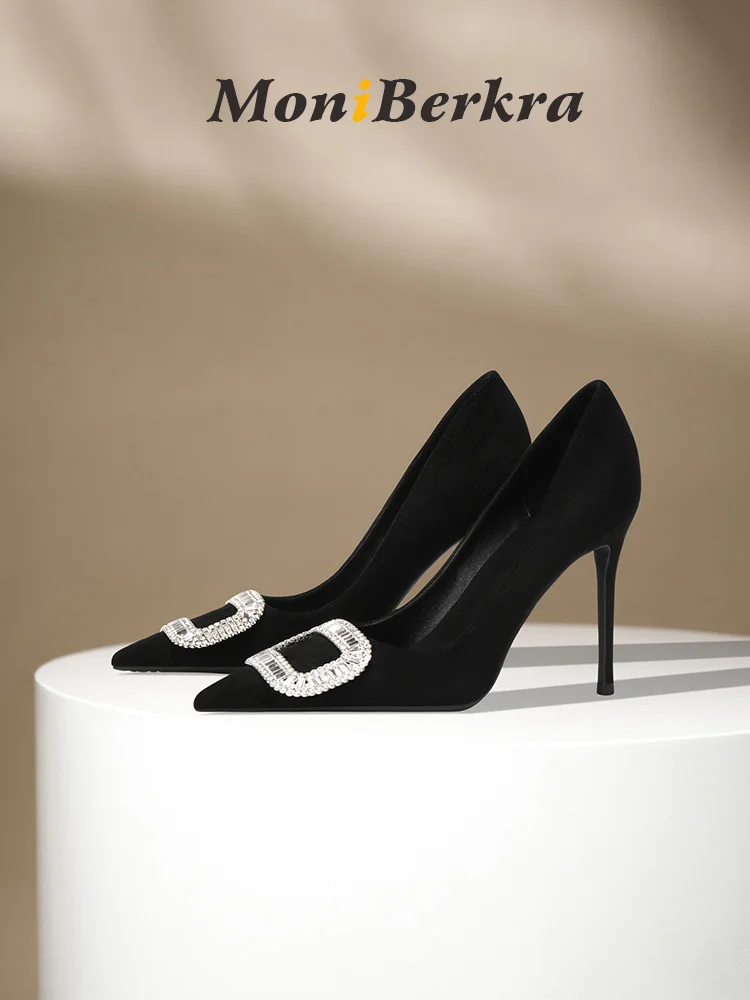 

High end luxury rhinestone square buckle high heels for women with slim heels 2025 fashion new French suede pointed single shoes