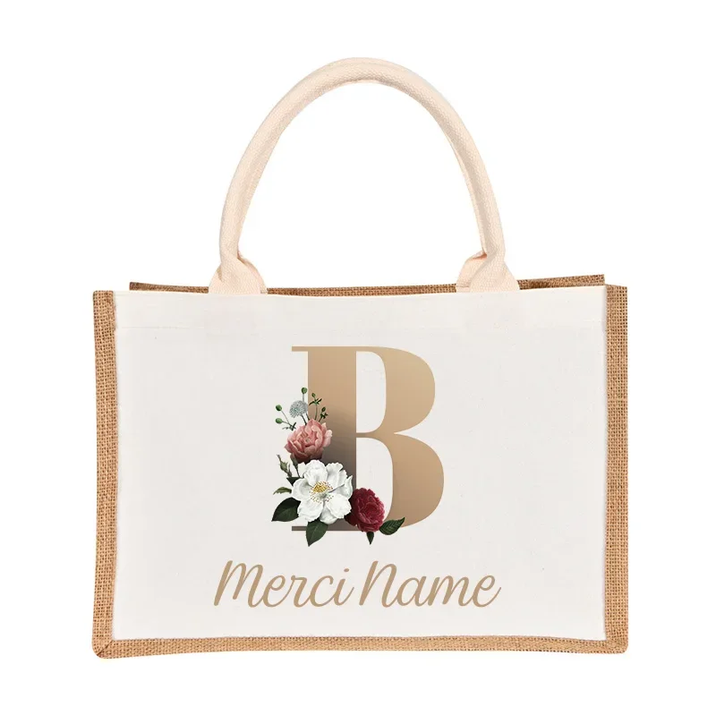 Custom Name Burlap Merci Maitresse Shopping Bags Personalized Bridesmaid Gift Bags Ladies Travelling Beach Spliced Travel bag