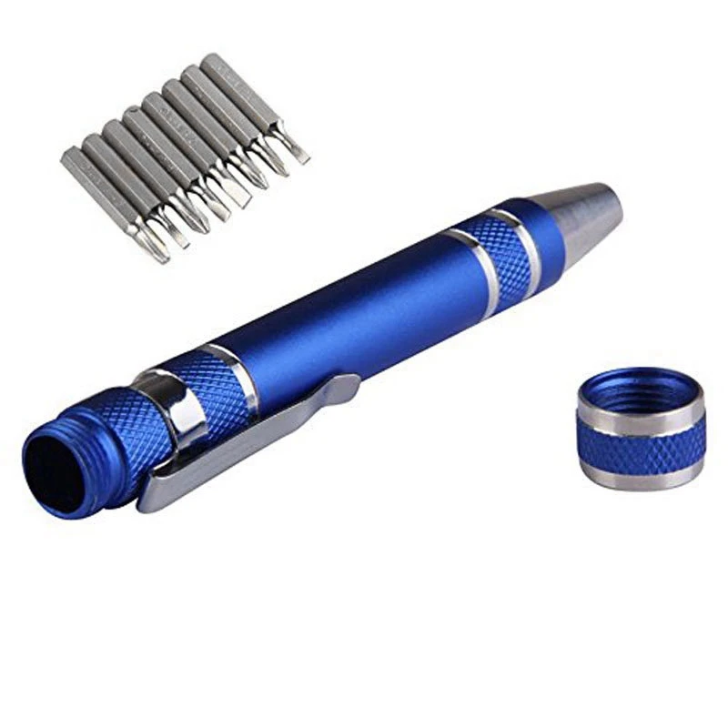 9 Pcs Multifunction Mini Screwdriver Set 8 in 1 Durable Gadgets Repair Aluminum Pen Handle Cross Slotted Tool Kit Blue