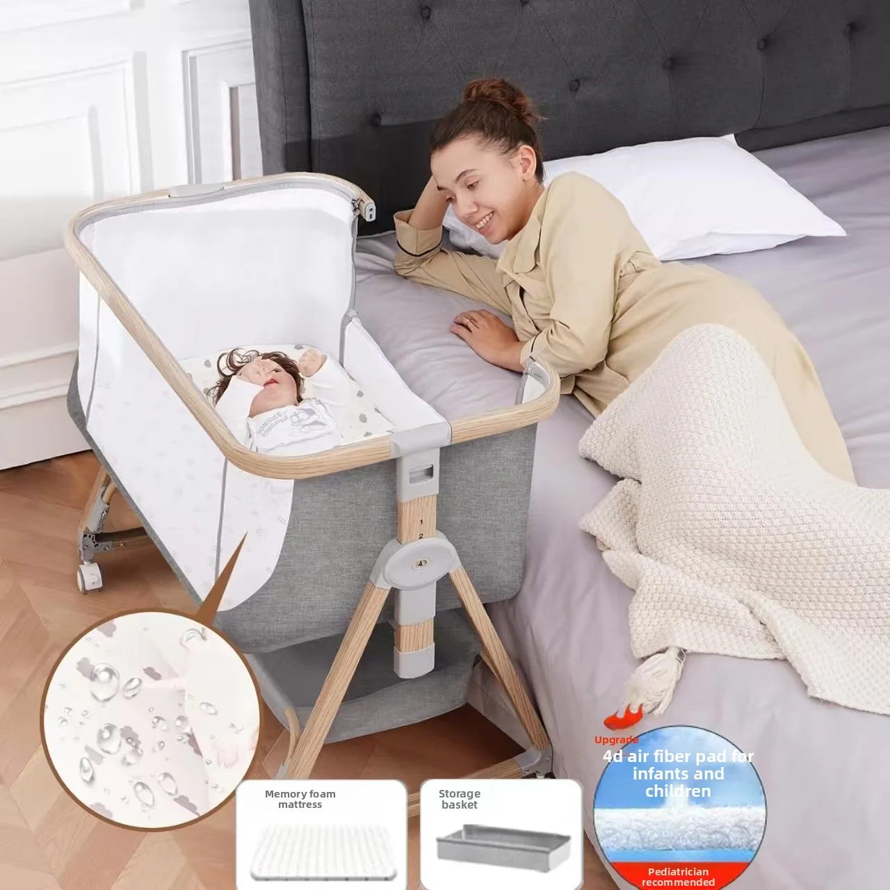 Multifunctional Baby Crib with Wheels, Portable Folding Baby Bed, Playpen, Space Saving, Adjustable Height, Changing Table