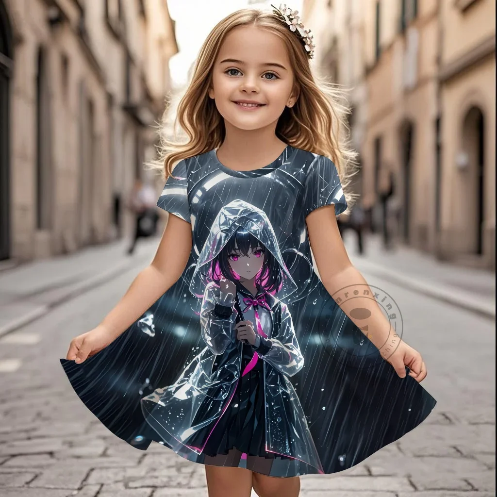 

Casual Children's Clothing Summer Fashion Hatsune Miku Cartoon Print Dresses Short Sleeved Pleated Patch Work Girls' Dress