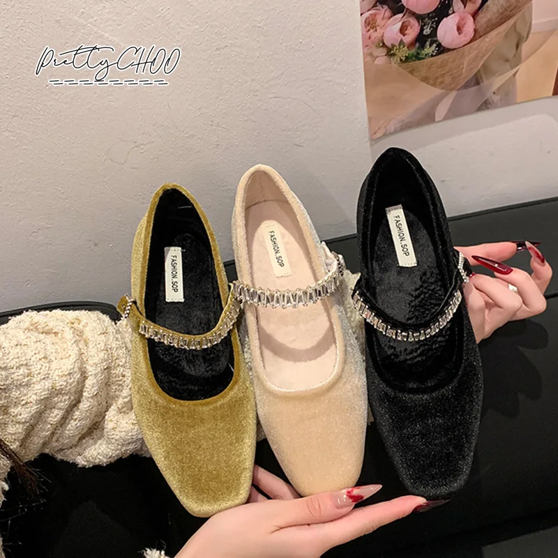 Luxury Rhinestone Buckle Velvet Mary Janes Woman Elegant Square Toe Velour Ballet Flat Ladies Brand Design Crystal Evening Shoes