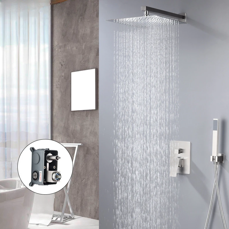 

Stainless Steel Brushed Concealed Shower Set Embedded Box, Cold and Hot Water Mixing Valve Wall Mounted Square Large Shower