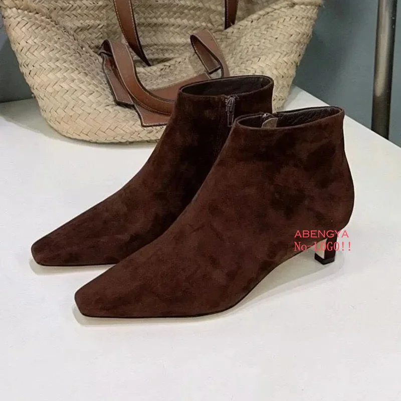 

Winter Coffee Suede Ankle Boots For Women Pointy Toe Designer Leather Kitten Heels Short Boots Casual Party Chelsea Boots Women