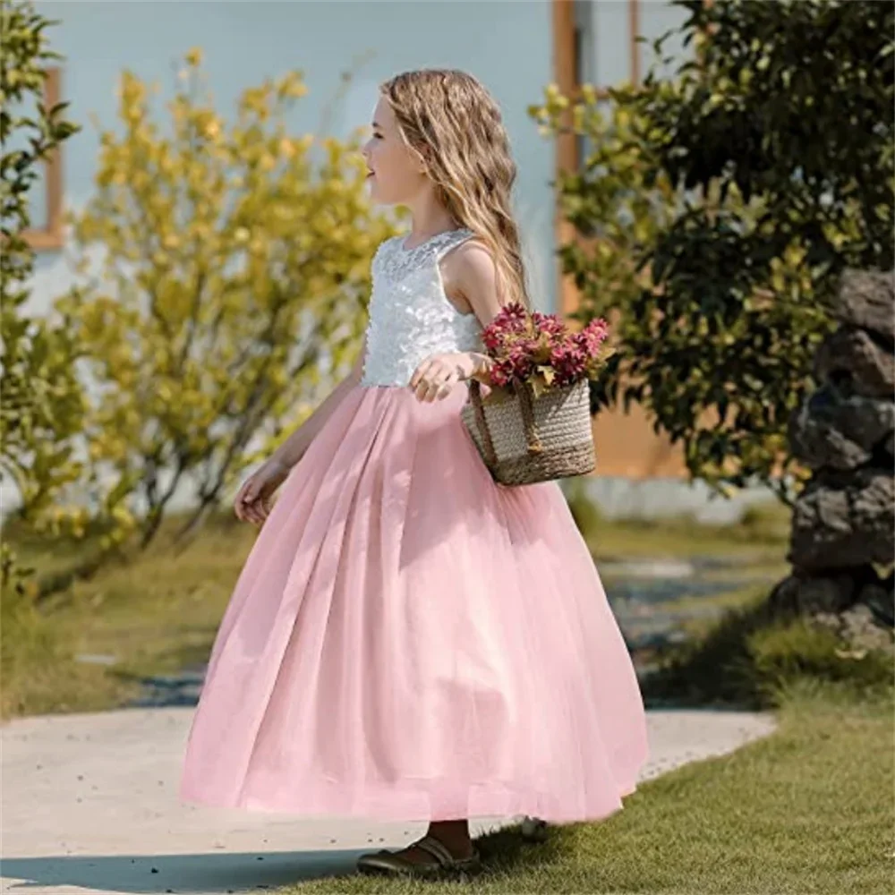 Flower Girl Dress Pink Tulle Puffy Appliques senza maniche per la festa di compleanno di nozze banchetto abiti da celebrazione della prima comunione