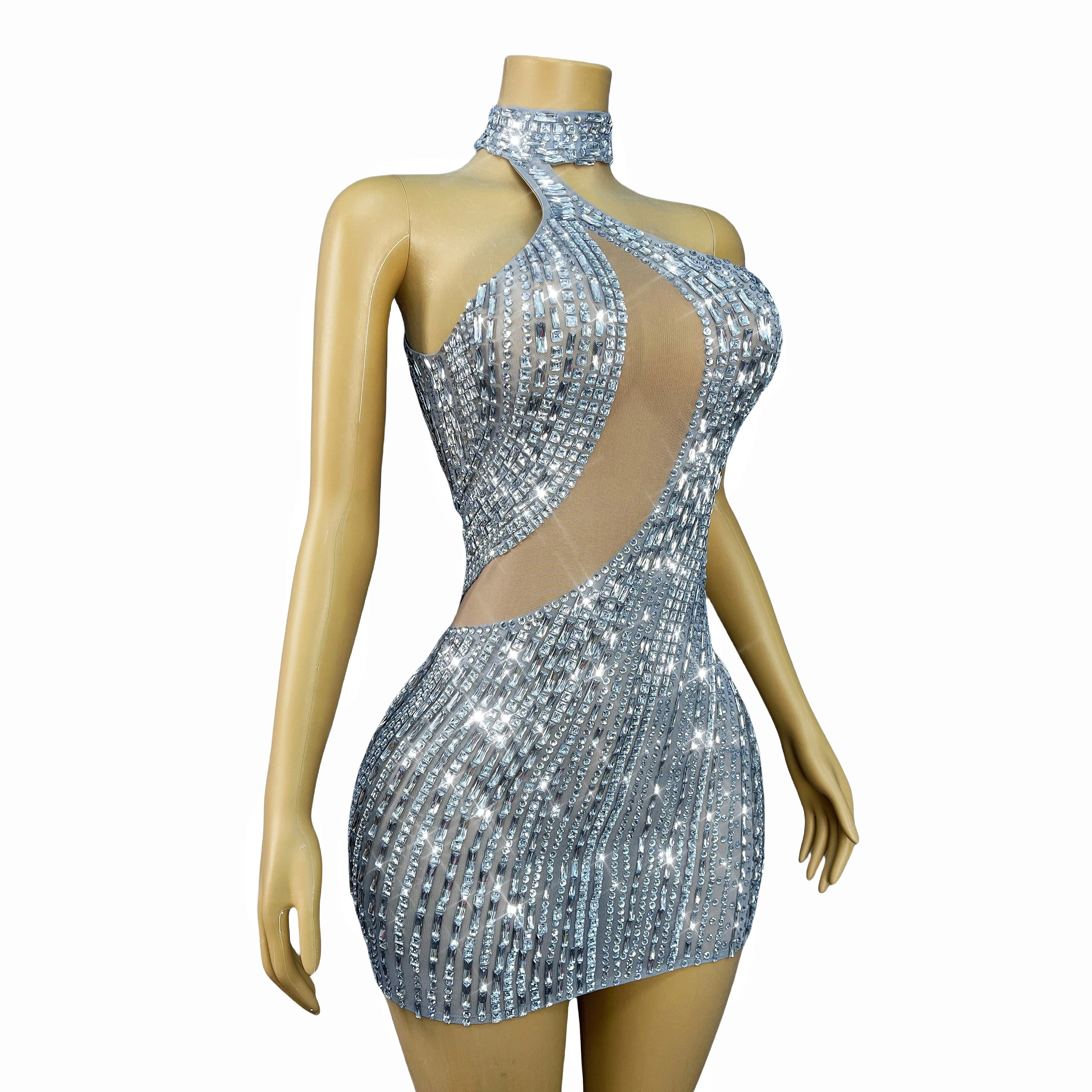 ชุดเดรสตาข่ายประดับคริสตัลสีเงินระยิบระยับหรูหรา ทรงเข้ารูป สำหรับงานเลี้ยงกลางคืน งานเฉลิมฉลอง งานแสดงแฟชั่น ยี่ห้อ Yueya