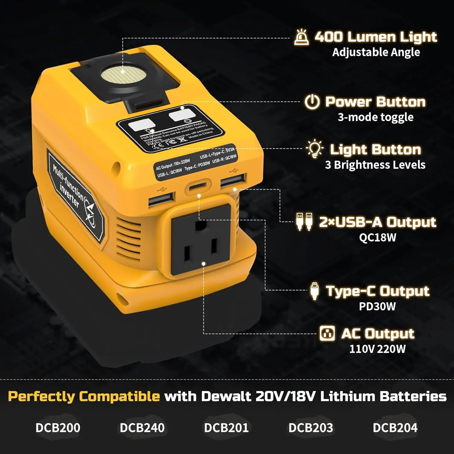 Kzreect 220W Power Inverter Compatible with Dewalt 20V Battery, 20V to AC 110V, 4 Output & 300LM LED, Inverter for Camping