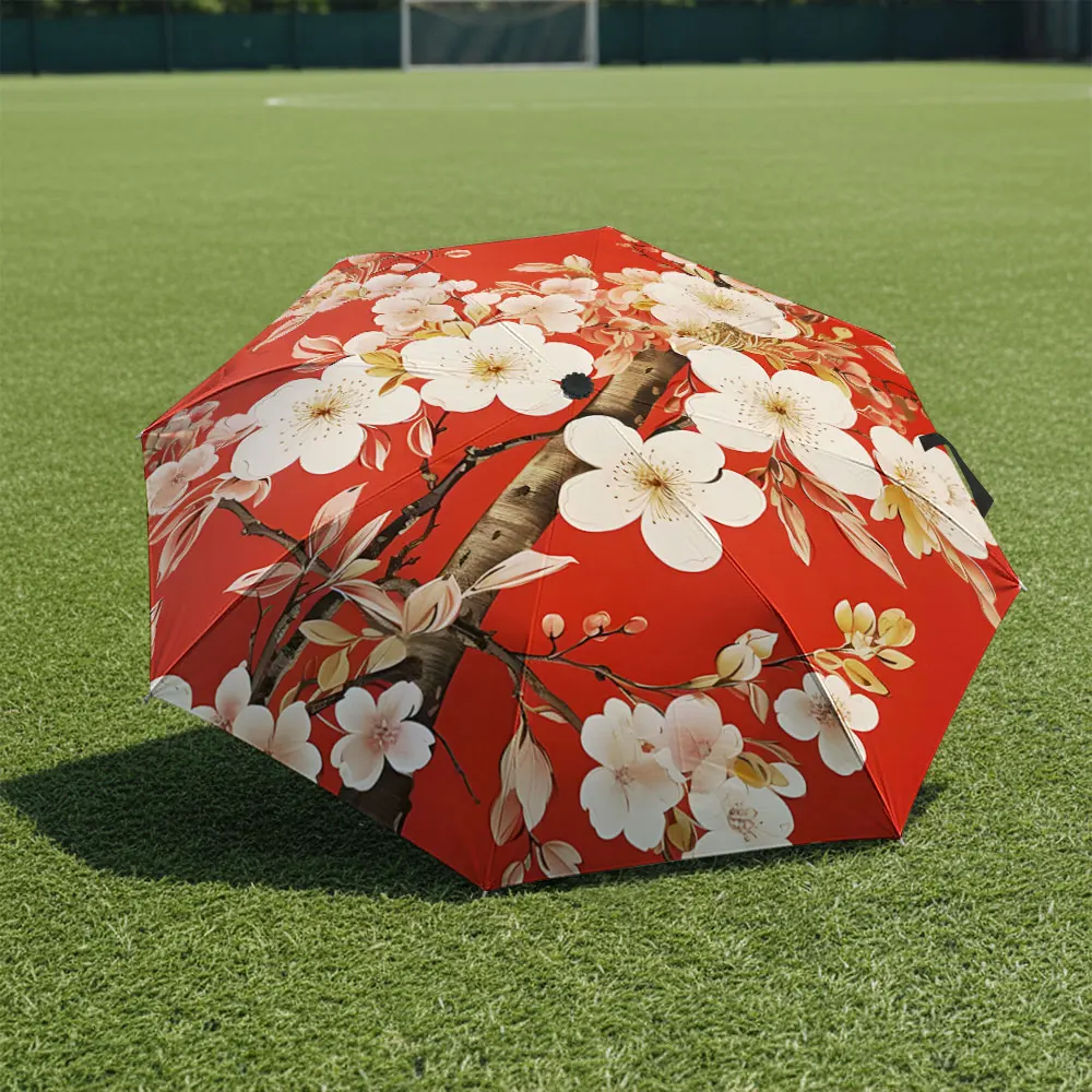 1P C Floral Umbrella with Red Background in Scenic Setting Print 8 Iron Ribs Folding Umbrella Auto-Open Fashion Sunshade